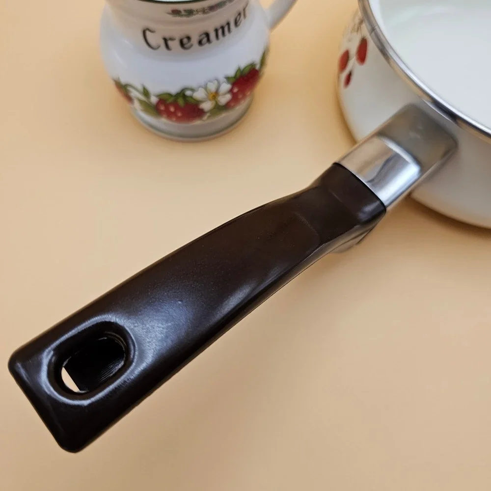 Sheffield Strawberries n Cream Enamel Saucepan‎ Pot with Creamer Pitcher Set
